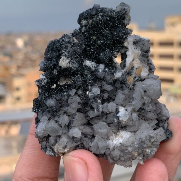 Unique Black Hematite with White Calcite Crystal Cluster from Pakistan | Rare Mineral Specimen